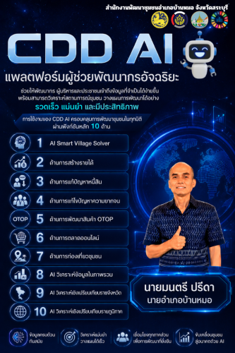 พช.บ้านหมอ ขอเชิญชวนผู้นำชุมชน กลุ่มองค์กร เครือข่าย และประชาชนทั่วไป ร่วมทดลองใช้งาน “CDD AI” ผู้ช่วยอัจฉริยะเพื่อชุมชนเข้มแข็ง 