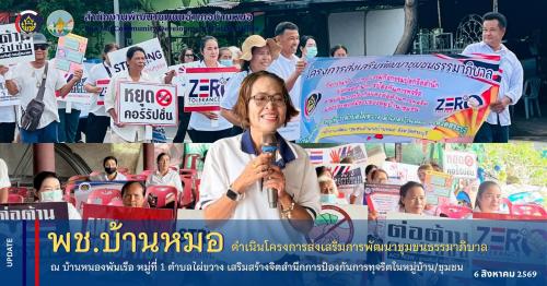 พช.บ้านหมอ ดำเนินโครงการส่งเสริมการพัฒนาชุมชนธรรมาภิบาล ณ บ้านหนองพันเรือ หมู่ที่ 1 ตำบลไผ่ขวาง เสริมสร้างจิตสำนึกการป้องกันการทุจริตในหมู่บ้าน/ชุมชน